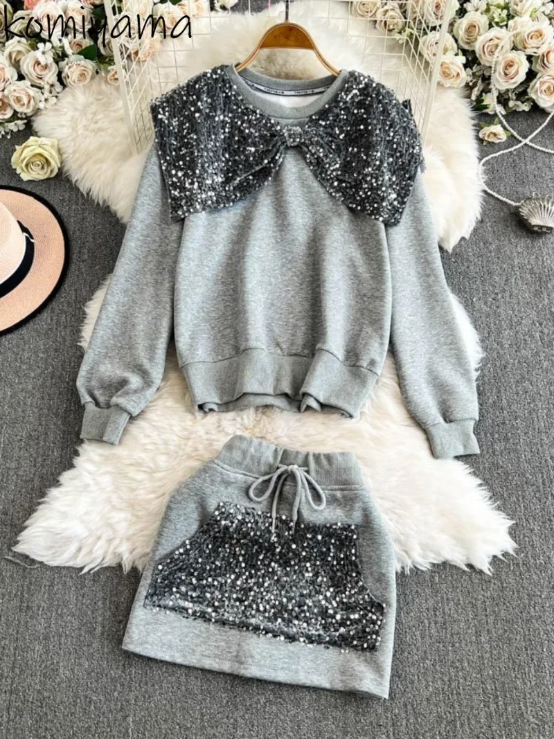 Sequined Bling Woman 2025 Sets Spliced Bow O-neck Long Sleeve Hooded + Drawstring Tunic Skirt Spring Autumn New Loose Suit