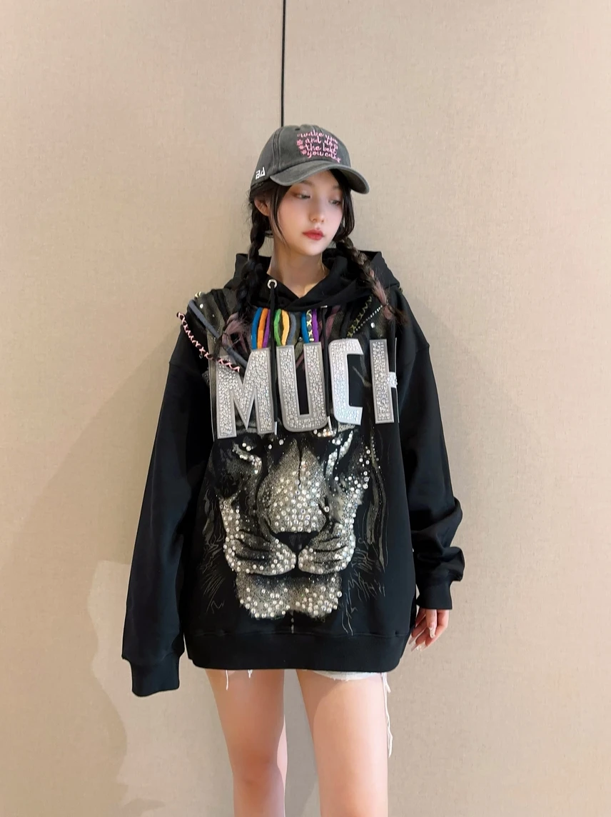 

Trendy Luxury Sweatshirts Streetwear Hip Hop Dreadlocks Domineering Tiger Hot Drilling Hoodies Handsome Pullover Top Harajuku