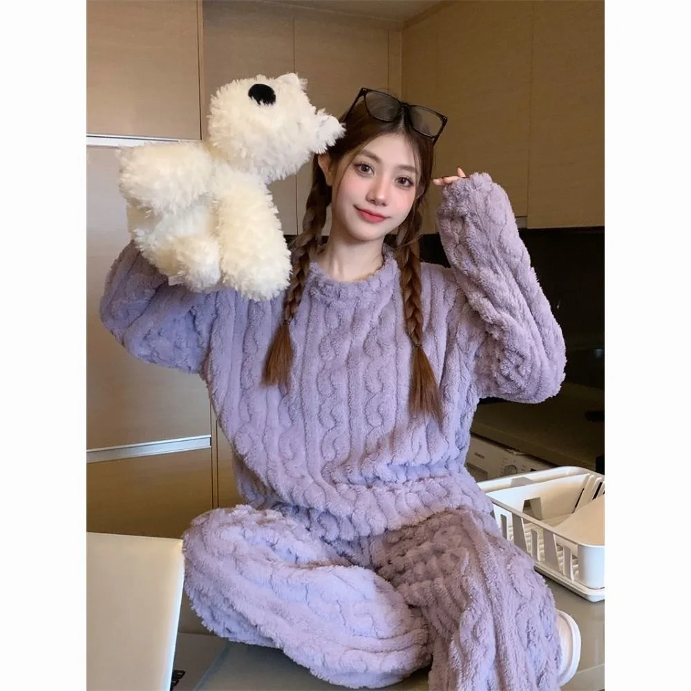 Autumn And winter Women Solid Warm 2 Piece Sets Thicken Velvet Ribbed Fleece Set Pullover And Pants Women Casual Pajama Sets