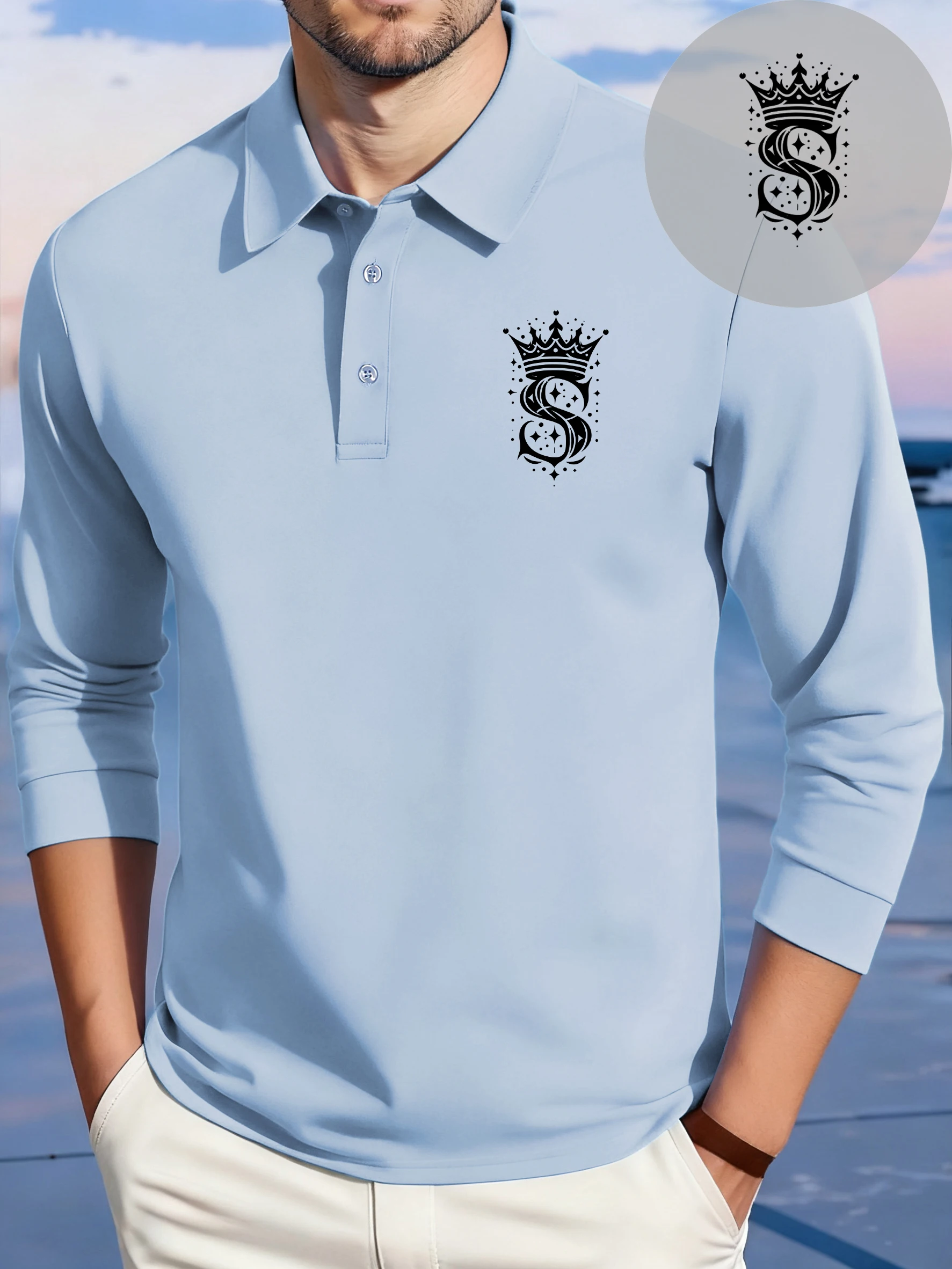 

Мужские футболки с простым узором Crown Letter S, флисовая рубашка-поло в стиле хип-хоп, мужская повседневная осенняя одежда, уличная свободная спортивная одежда