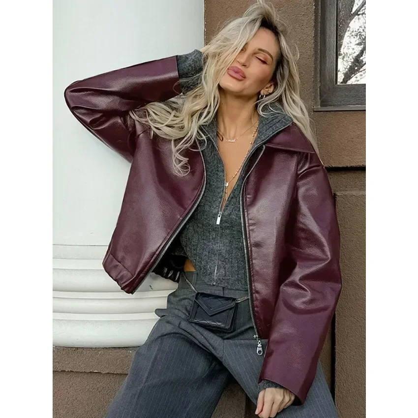 

Angola Red Leather Jacket Zip Motorbike Jackets Bomber Jacket Fashion Outerwear Autumn Winter Tops Women Clothes Coat Streetwear