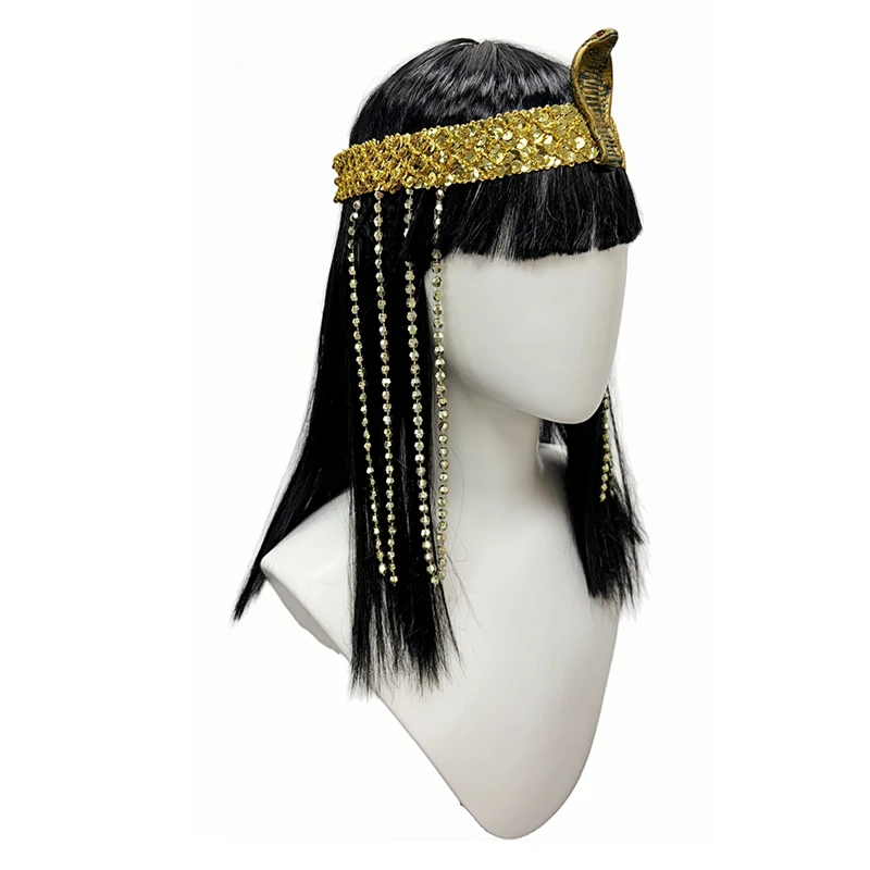 Black Straight Synthetic Wig Snake Bead Tassel Cleopatra Egyptian Queen Halloween Cosplay Ancient Egypt Party Costume Hairpiece image 4