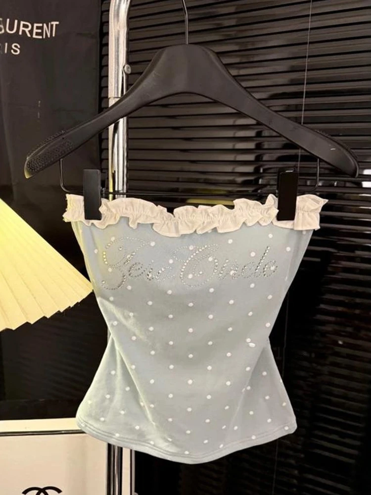 Été nouveau pur désir Sexy fille à pois à volants garniture bustier tubulaire femmes coupe ajustée ort longueur coton mélange débardeur