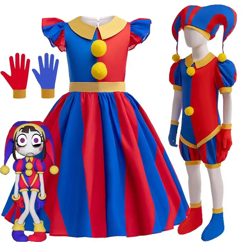 Anime der erstaunliche digitale Zirkus Pomni Cosplay Kostüm Uniform Overall Hut Bodysuit Mensch für erwachsene Kinder Kostüm Cartoon Kleid