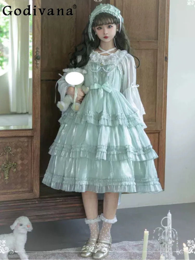 Sweet Green Lolita Bow Jsk Slash Neck Princess Cake Dress Fashion High Waist A-line Versatile Age Reduction Ruffles Dresses