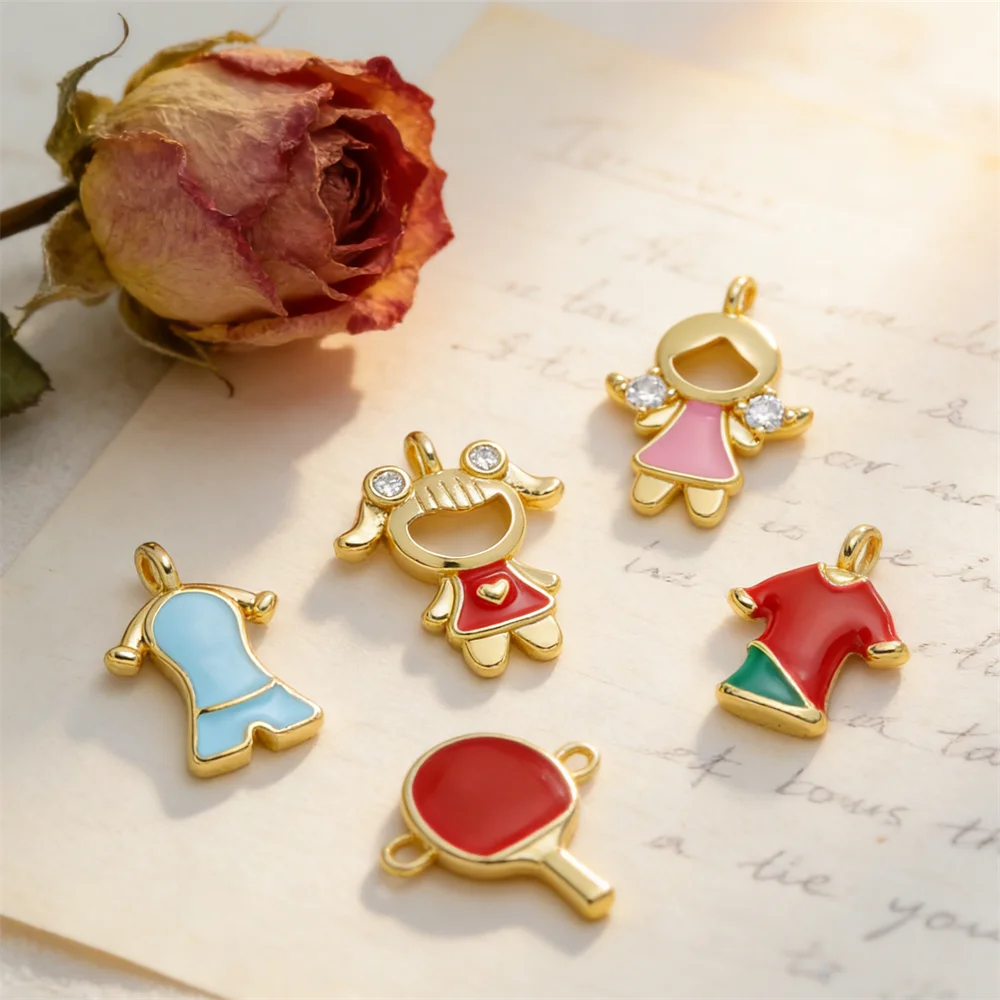 

4Pcs Pendant Handmade Enamel Brass Zircon Cartoon Figure Racket Clothing Accessorie for DIY Bracelet Necklace Daily Wear Jewelry