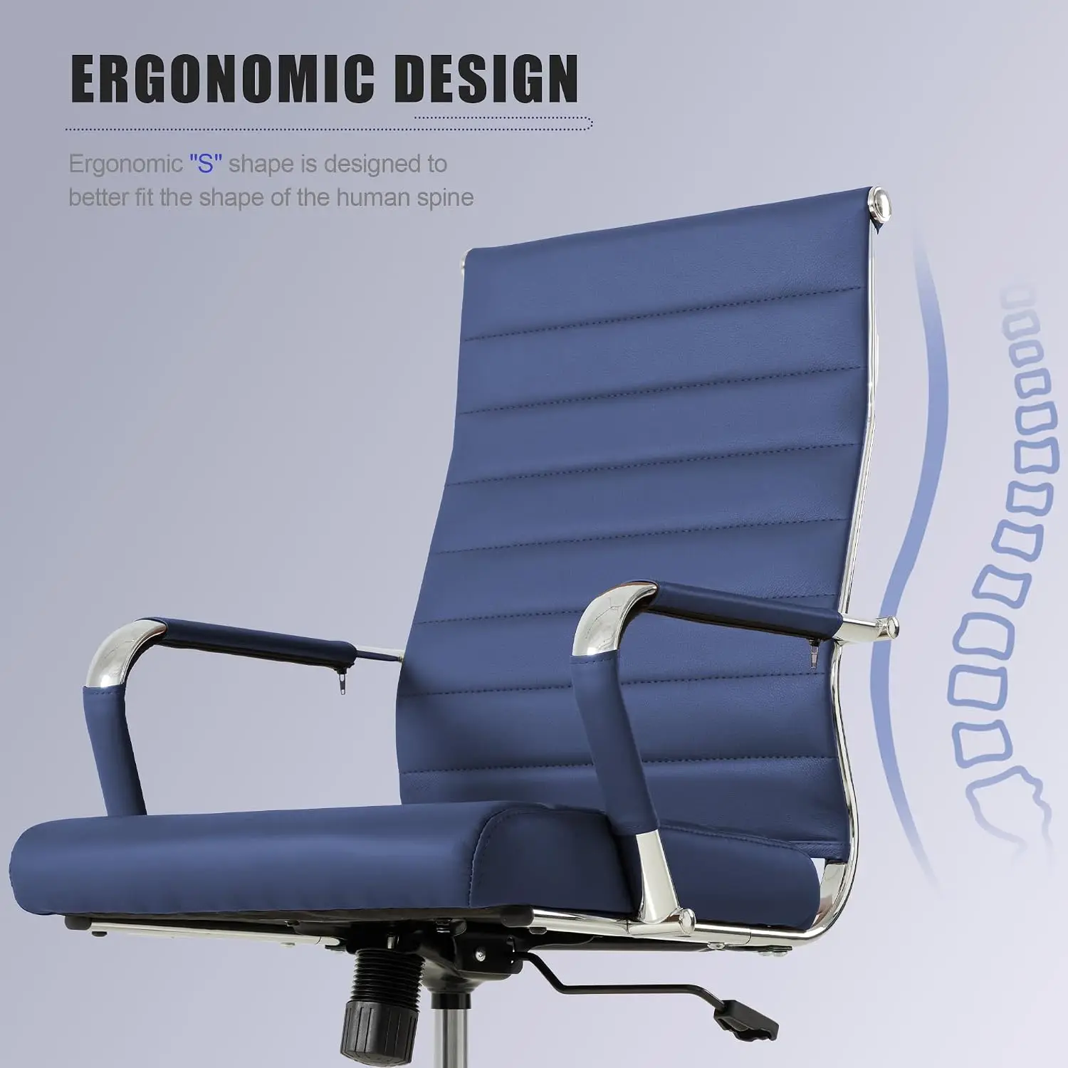 Navy Blue Ergonomic Leather Office Chair, Adjustable Swivel Rolling Ribbed Desk Chair for Home & Conference Room, Customized