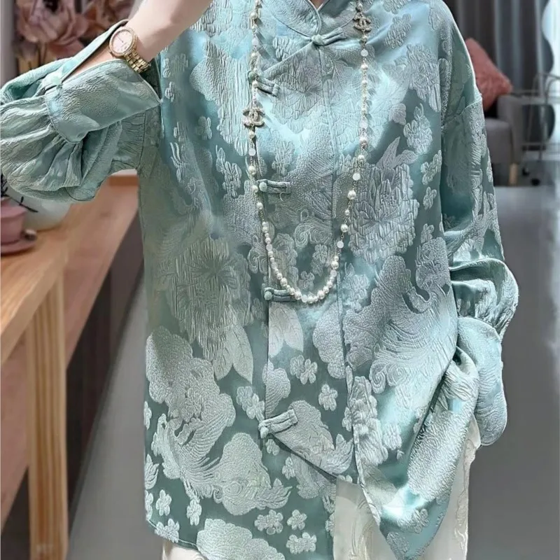 Silk Crown Crepe Shirt Chinese Women's Clothes Loose Diagonal Stand Collar Improved Cheongsam Top