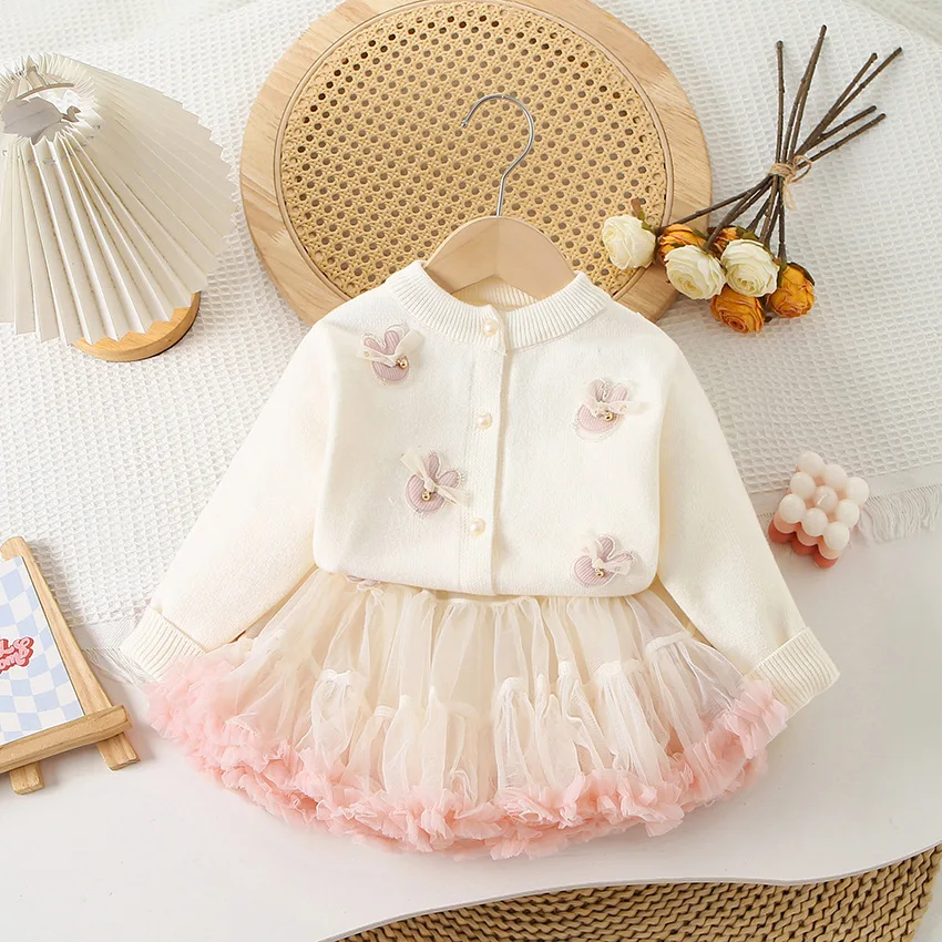 2-7 Y Girls Clothing Set  Single Breast Sweater Ruffle Tulle Skirts 2Pcs  Girls Knit Suit Bunny Cardigans Ball Gown Skirts