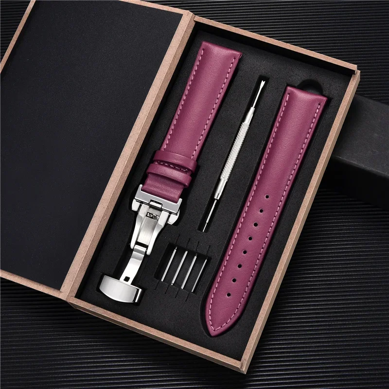 Genuine Leather Watchbands 16mm 18mm 20mm 22mm 24mm Universal Watch Butterfly Buckle Band Steel Buckle Strap Watch Band With Box