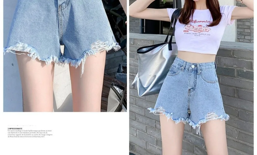 Trendige Dehnbare Jeans-Shorts für Damen, Hochgeschnittene Zerrissene Denim-Shorts mit Ausgefranstem Saum, Vielseitige Kurze Hosen für den Sommer – Detail 3
