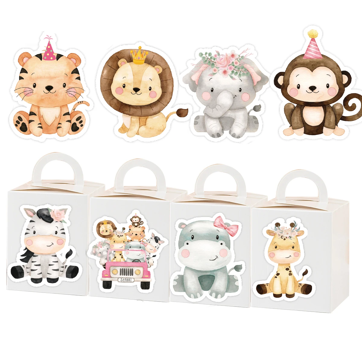 24pcs Carton Animal Stickers Candy Box Sticker for Girl's Jungle Safari Happy Birthday Party Decoration DIY Packaging Supply