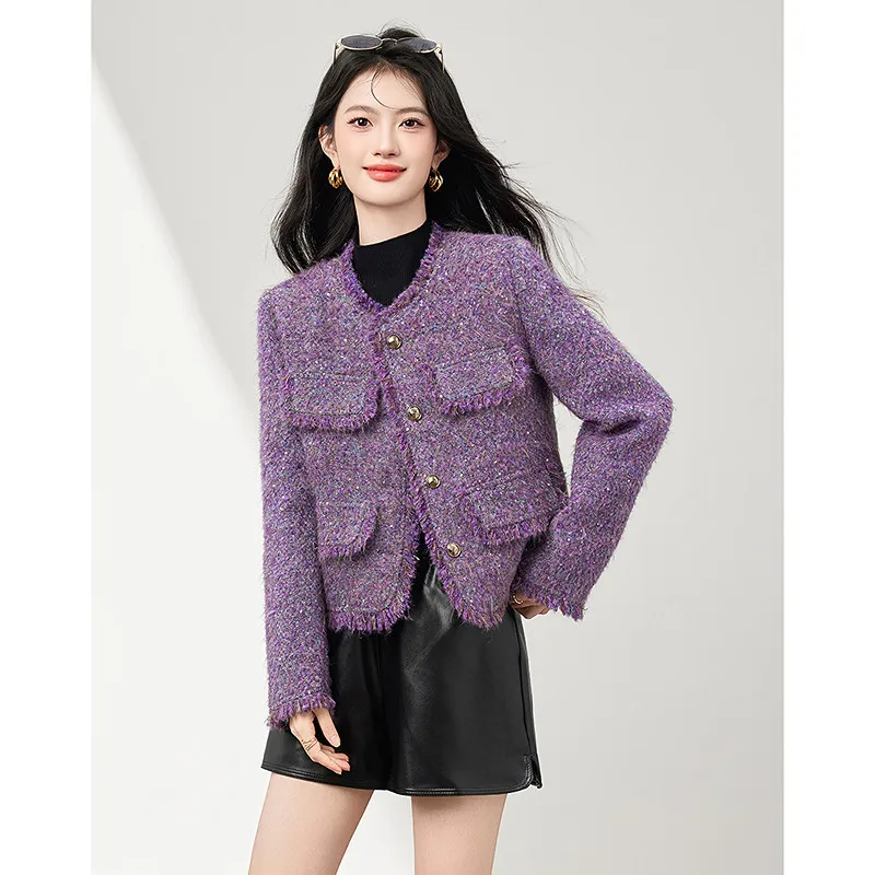 

Зимняя верхняя одежда: Женское пальто из твида фиолетового цвета, серия Paris Neon Night, стандартный крой, с наполнителем из пуха.