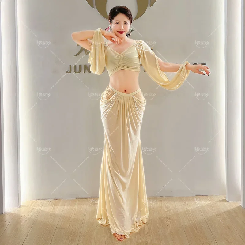 Belly Dance Clothing for Women Mesh Pearls Sleeves Top+long Skirt 2pcs Girl's Oriental Costumes Set Female Practice Wear Outfit
