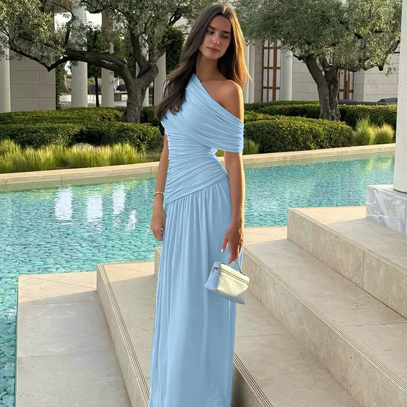 Hugcitar One Shoulder Ruched Sleeveless Solid Pleated Sexy Irregular Y2K Maxi Dress Summer Elegant Party Women Clothes Vacation