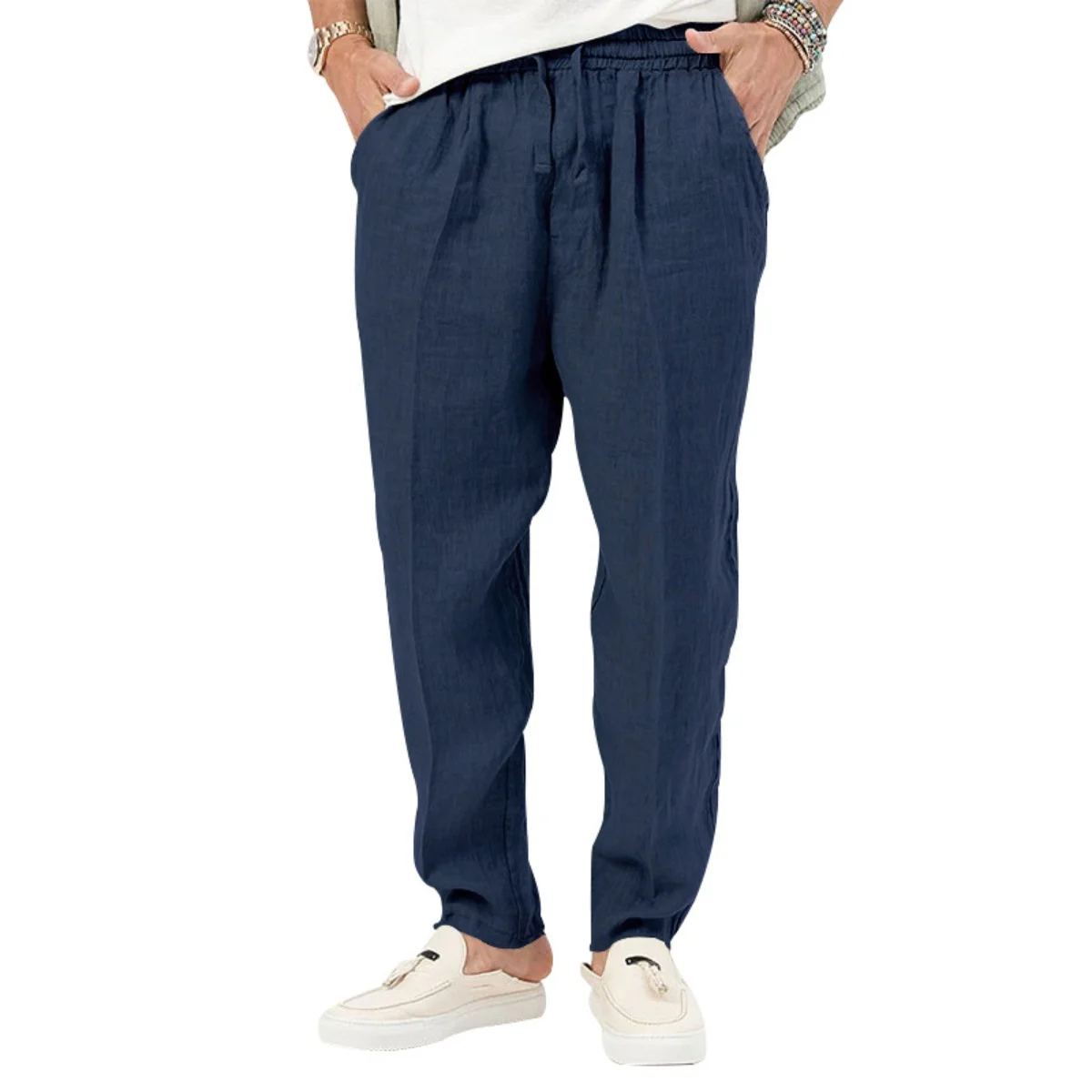 Men's Summer New Style Casual Cotton-Linen Long Pants Fashionably Loose-Fitting Straight Leg with Elastic Waist Outdoor Sports P