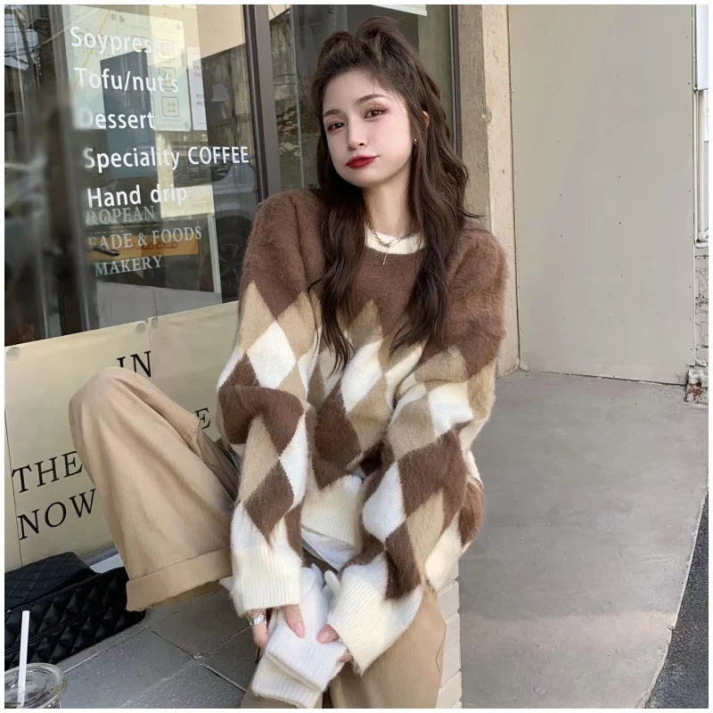 

Grey Women Clothing Vintage Knitting Sweater Round Neck Chic Long Sleeve Casual Fashion Simplicity Baggy NEW Female Winter Tops