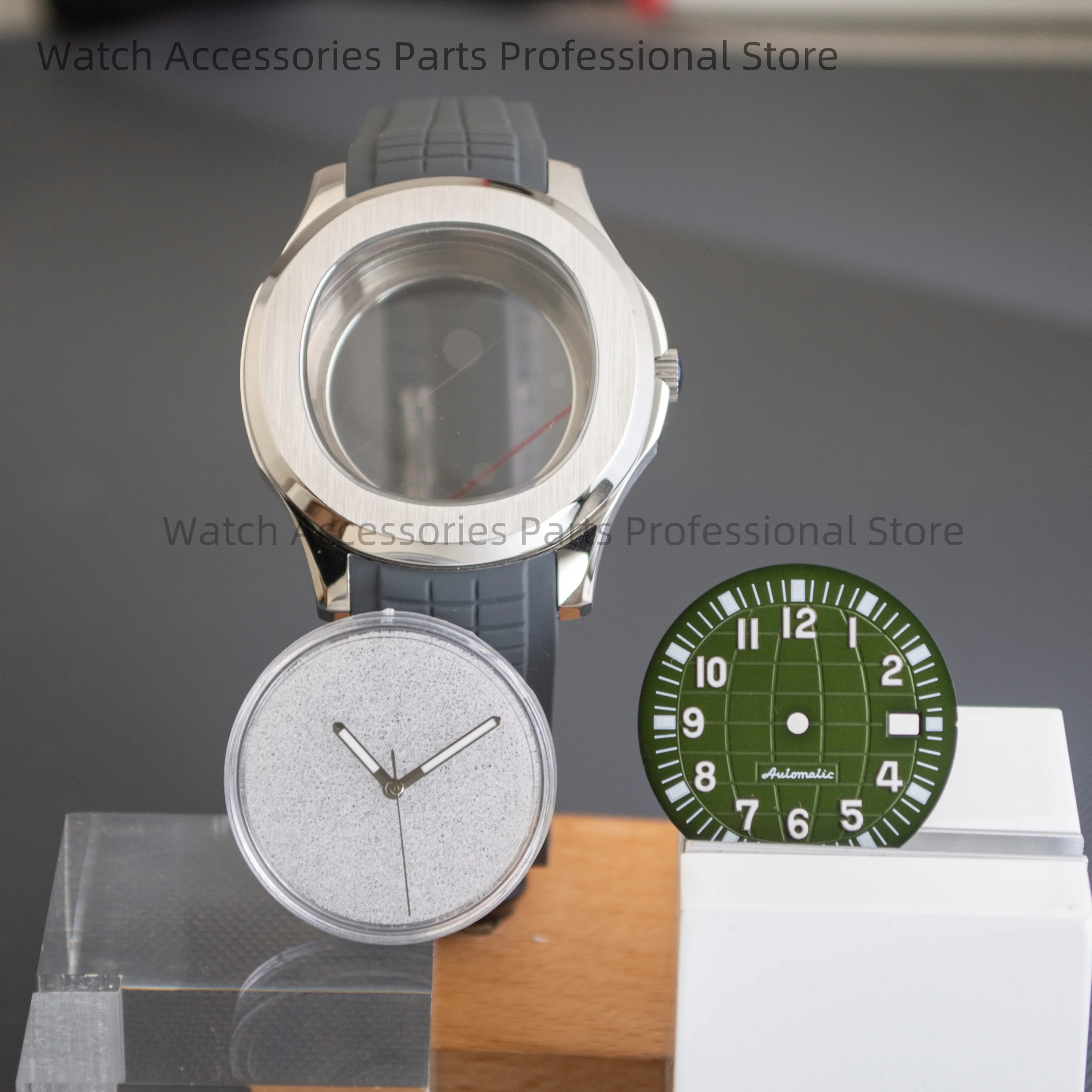 

for AQUANAUT Nautilus Case Rubber Strap Stainless Steel NH35 Watch Case Sapphire Glass 32mm Dial Hands fit NH35 NH36 Movement