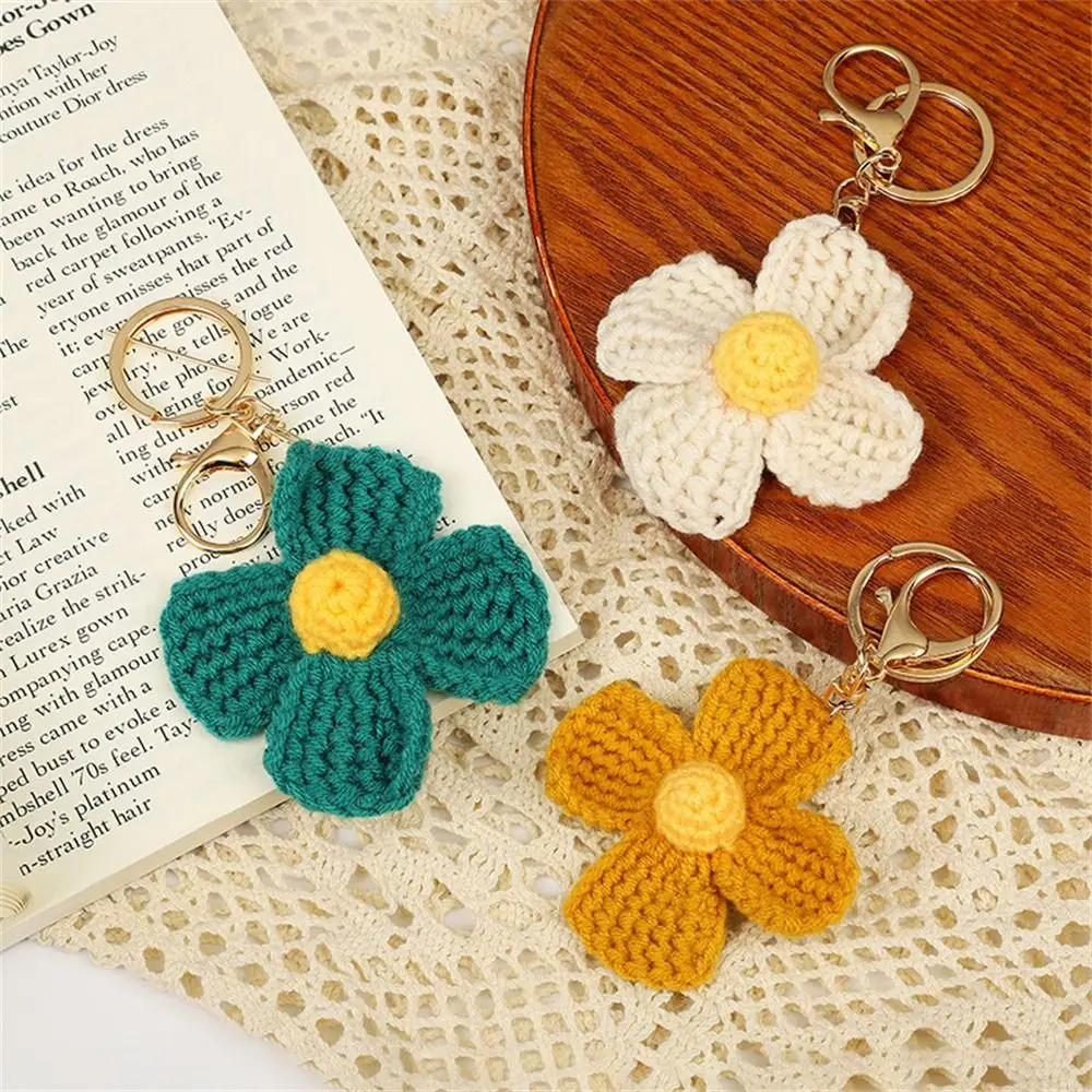 Girl Women Handmade Knitted Keychain Sweet Cute Cartoon Crochet Flowers DIY Craft Tulip Weaved Keyrings Bag Hanging