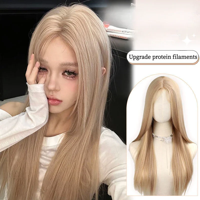 Champagner Gold synthetische Spitze Front Perücke lange glattes Haar Spitze Perücken für Frauen Haar hitze beständige Party Cosplay Perücke