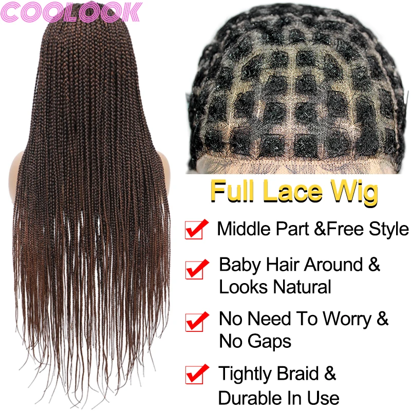 Synthetic Long Full Lace Box Braid Wig with Baby Hairs 36'' Knotless Box Braid Lace Front Wig Ombre Brown Braided Wigs for Women