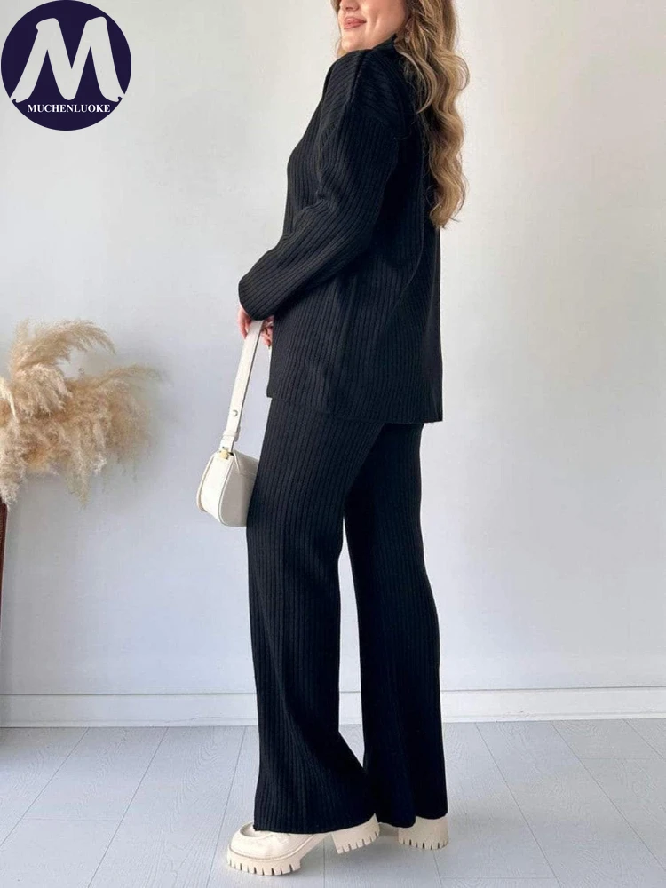 Women's Long Sleeved Knitted Sweater and Loose Pant Set, Elegant Tops, Zipper Suits, Casual, Fashionable, Autumn, Winter, 2 Pcs