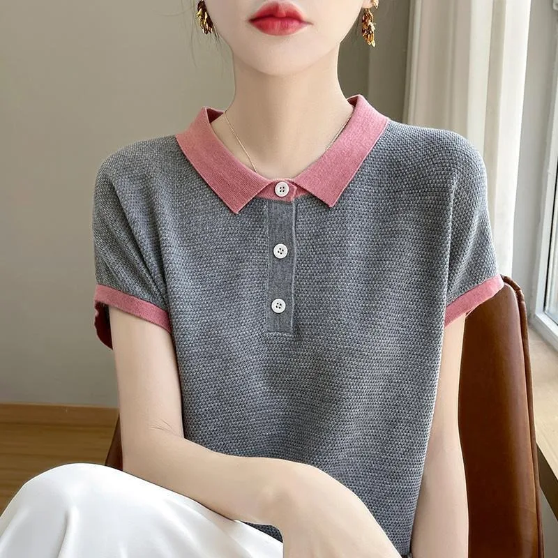 

Women Summer Sweater Polo Neck Korean Fashion Short Sleeve Tee Pullover Loose Casual Ice Silk Female Outwear Clothing