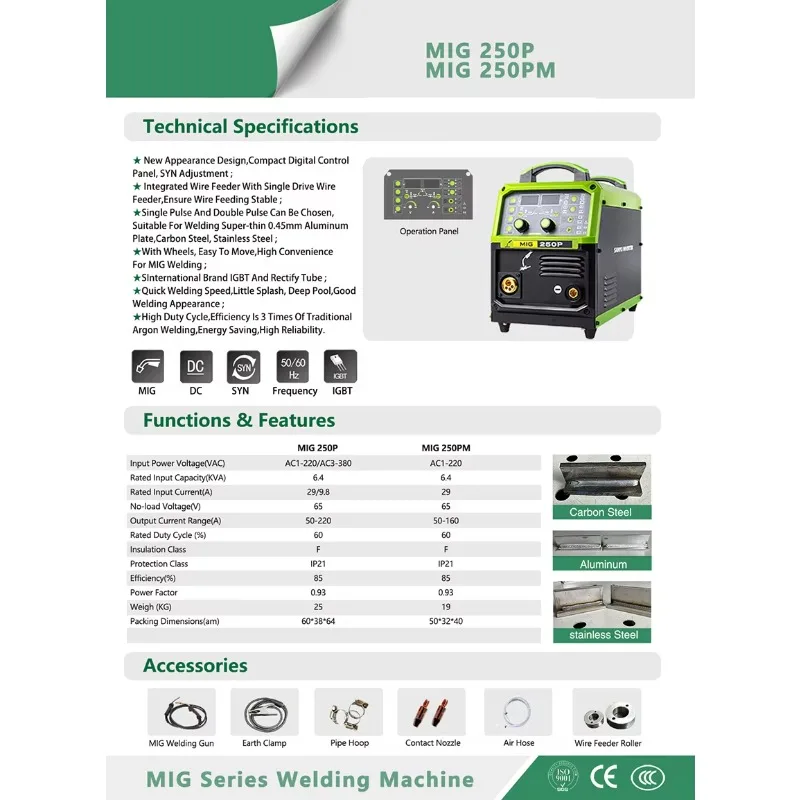 

Сварочный аппарат MIG-250P 220В с двойным импульсом, MIG/MMA, для сварки в среде CO2, инверторная технология IGBT, высокое качество