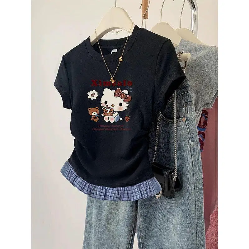 Short-Sleeved T-Shirt Hello Kitty Printed Patchwork Plaid Front Shoulder Women's Sanrio Summer Retro Slim Sweet Spicy Short Tops - view 4