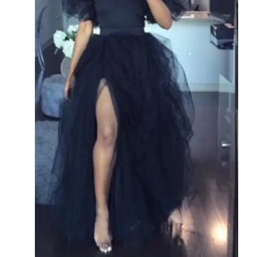 White black Fashion Women Maxi Tull Skirt Elastic High Waist  Front Split Irregular Princess Party Tutu Skirt