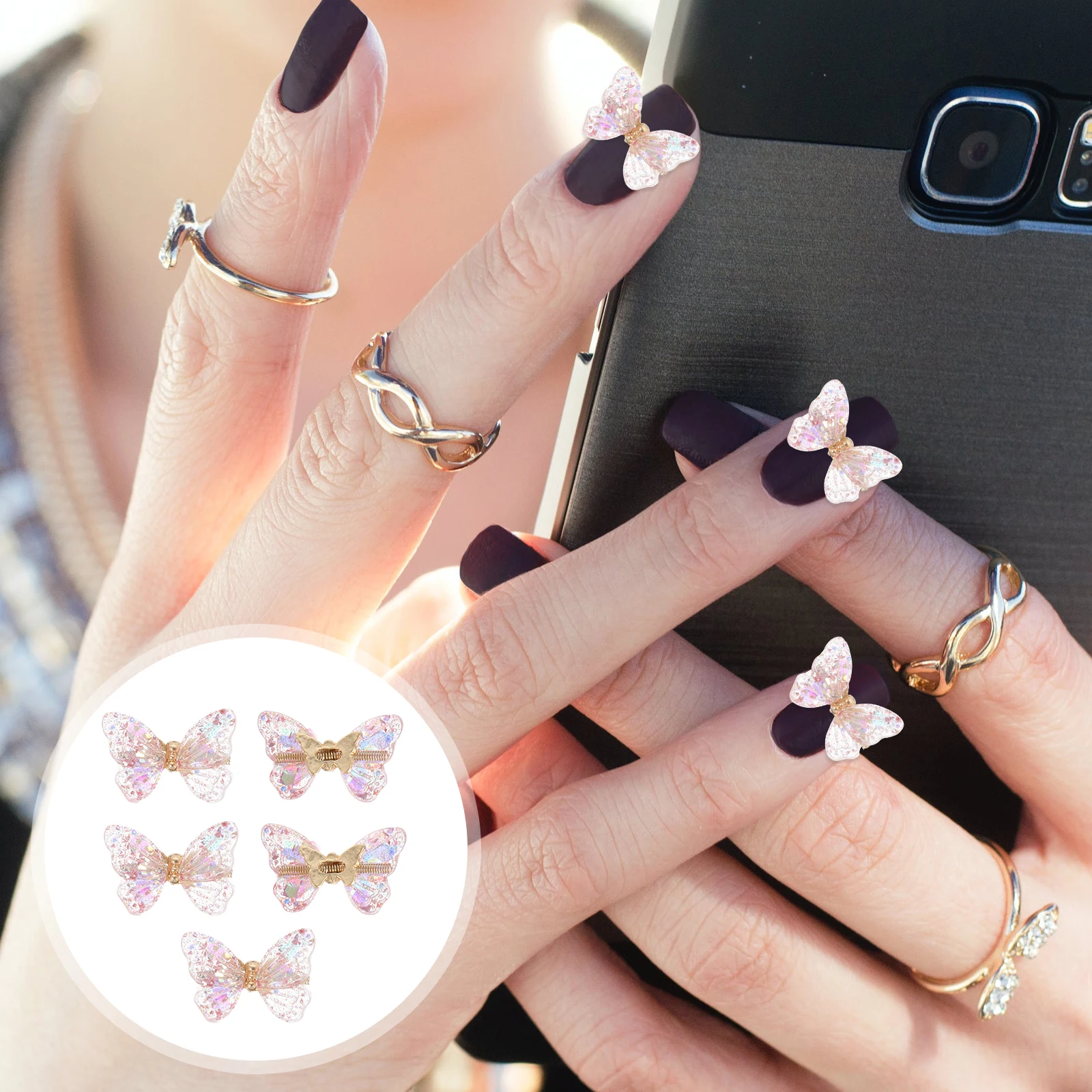 

5pcs Bowknot Art Studs Diy Nail Patches Manicure Accessories Durable Premium Material Creative Design Nail Decor For Stage