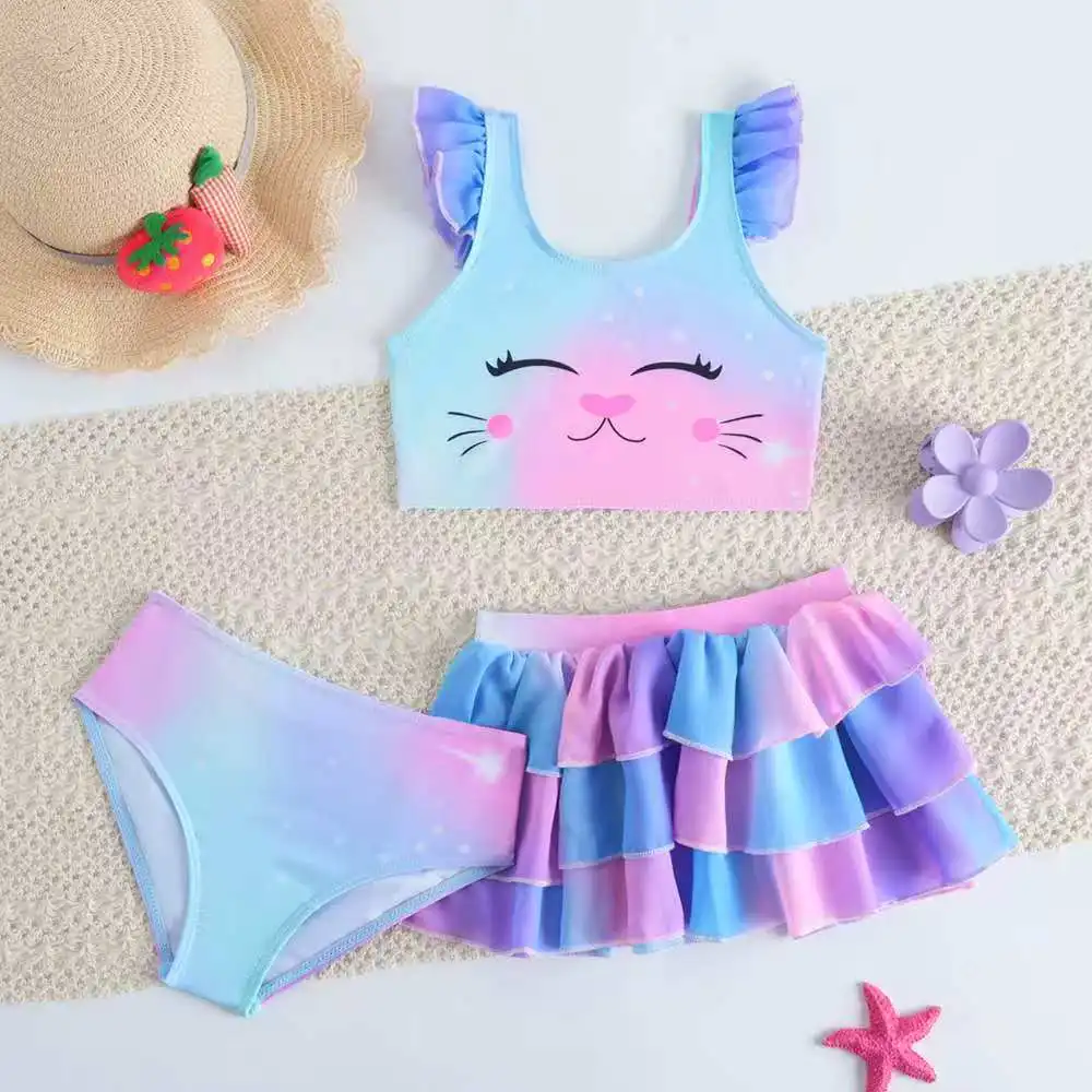 

Купальник для девочек 2026: комплект из 3 предметов с пляжной юбкой, детский купальный костюм для плавания