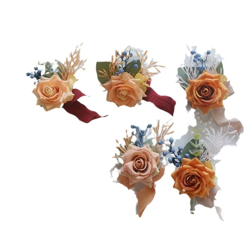 Buquê de flores para casamento, corpete de pulso e boutonniere, flor artificial/falsa, celebração de negócios, abertura, suprimentos para convidados, laranja