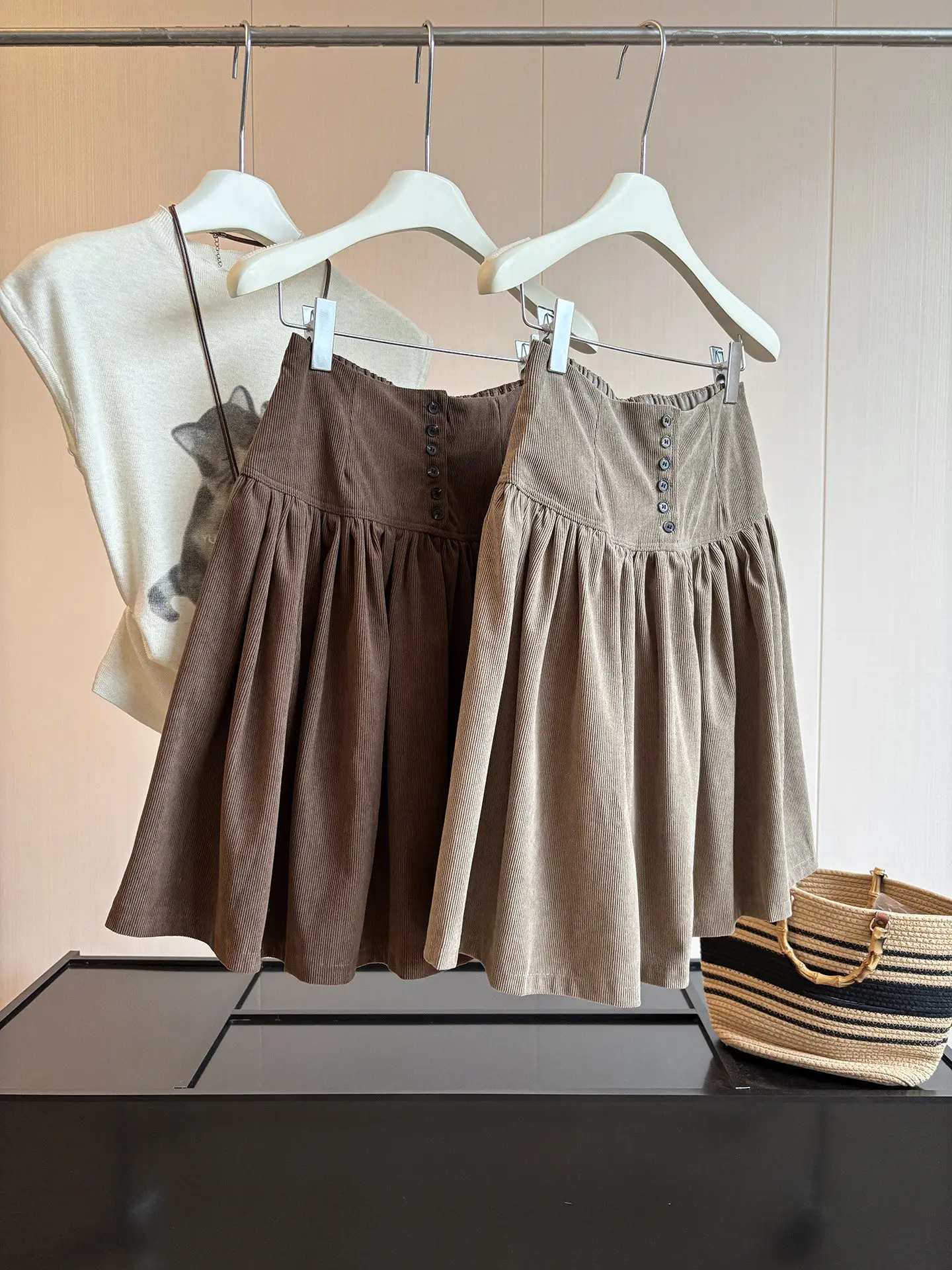 Women's Autumn Winter Corduroy Single Breasted A Line Mid Length Skirt Lady High Waist Single Breasted Pleated Knee Length Skirt