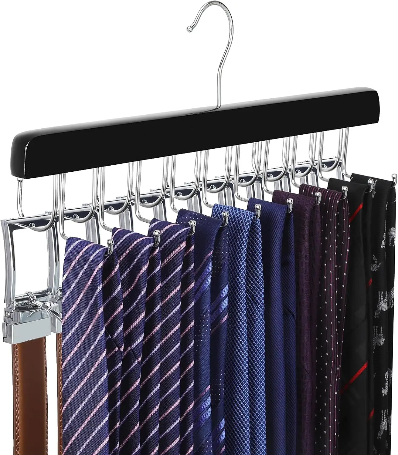 20 Hook Belt & Tie Hanger, 2-in-1 Closet Organizer for 30 Belts & 30 Ties, Wooden Hanger with U & Straight Slots