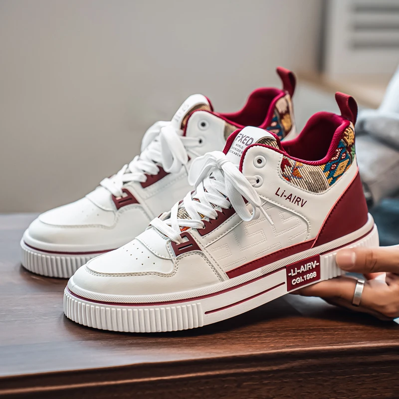 Fashion High Top Men Board Shoes Leather Lightweight Men Casual Shoes Platform Walking Sneaker Breathable Anti Slip Tennis Shoes