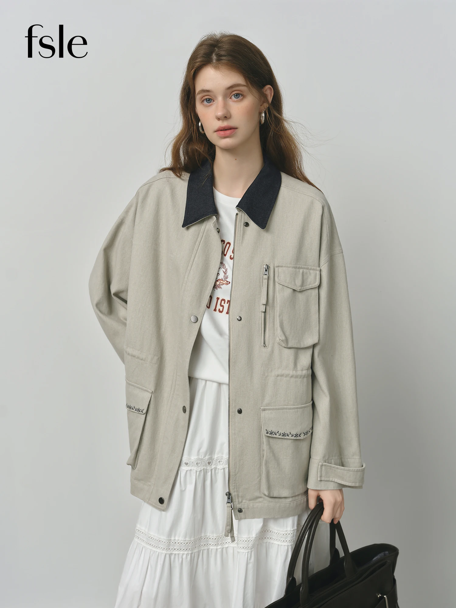 

​FSLE 2025 Women's Vintage Utility Jacket - Short Cropped Contrast Collar Autumn Casual Coat with Retro Design & Relaxed Fit​