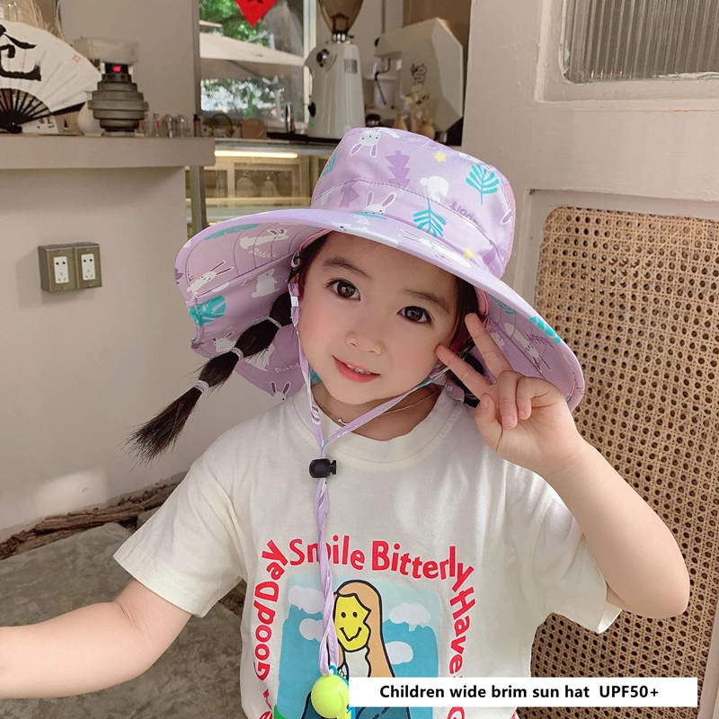 Summer Kids Sun Hat With Neck Flap Strap Wide Brim Beach Hats Kids Bucket Hat UV Protection Panama Cap For Boys Girls Outdoor