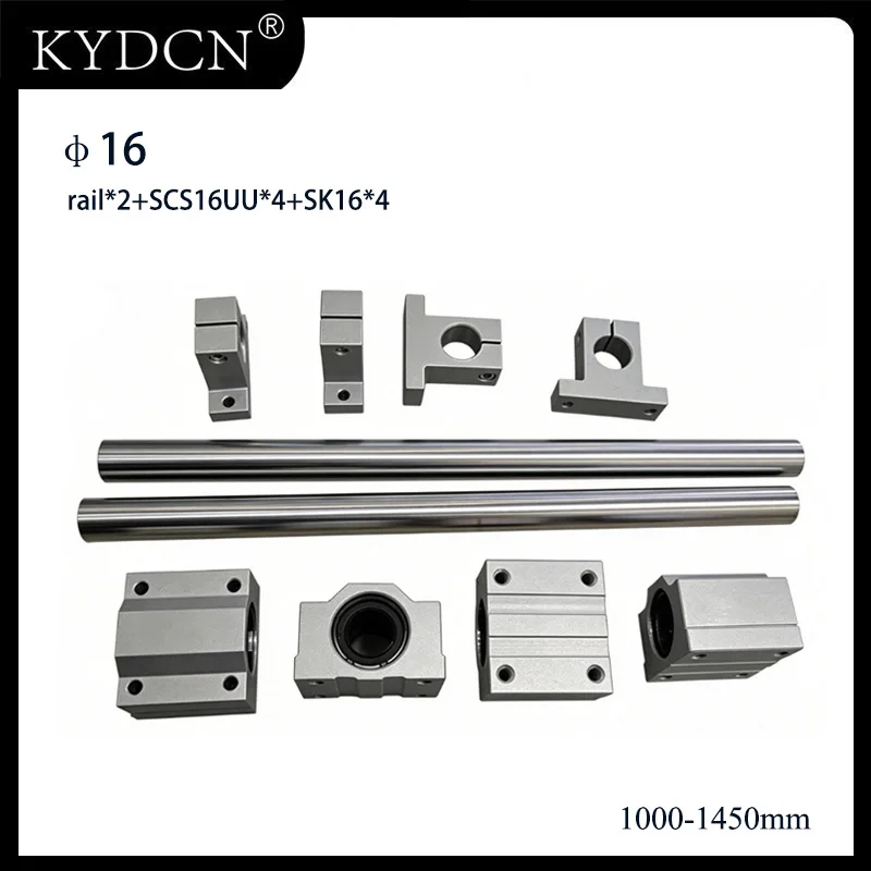 16mm Shaft Linear Rail Set Optical Axis 2pcs Linear Rod+4pcs SCS16UU Block+4pcs SK16 Support 1000-1450mm CNC 3D Printer Tools