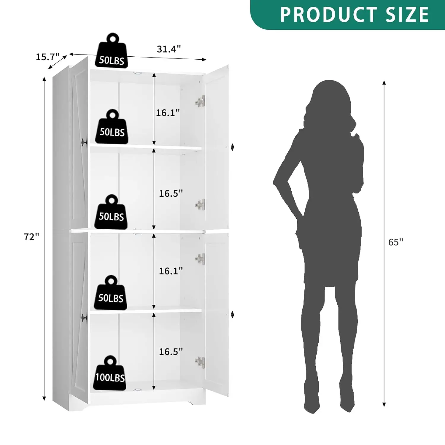 72in White Farmhouse Pantry Cabinet 4 Barn Doors Adjustable Shelves Kitchen Living Room Storage 3PC, Customized