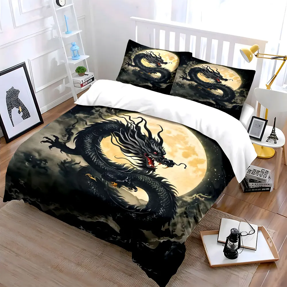 Black dragon coiled under moonlit mist Print Soft Comfortable Duvet Cover Bedding Set Included 1*Duvet Cover 2*Pillowcases
