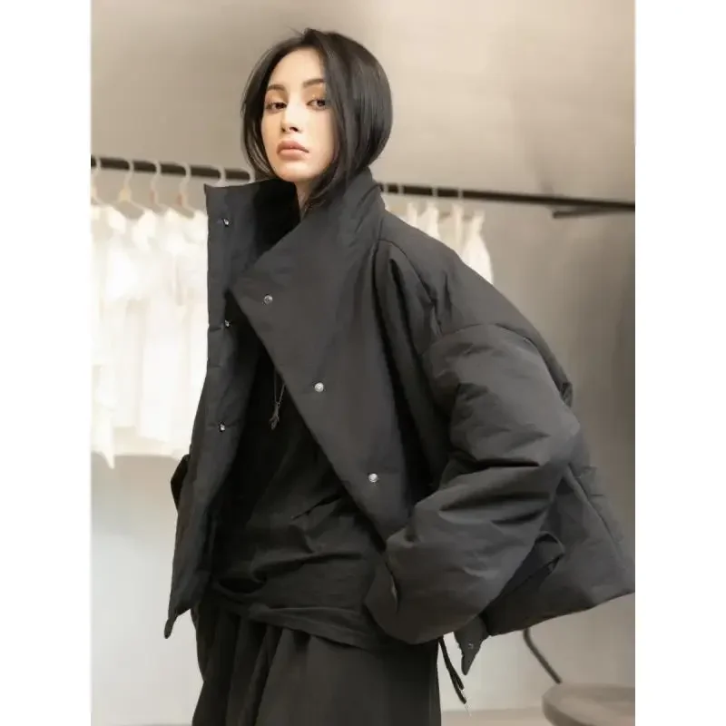 Spring Autumn New Black Short Women\'s Cotton Clothes Loose and Warm Standing Neck Parkas