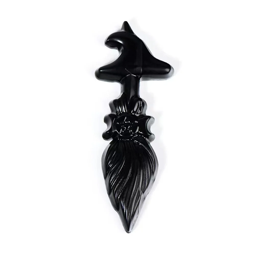 1pcs 9-10CM Natural Black Obsidian Wizard Broom Crytsal DIY Halloween Gift Healing Witchcraft Ornament Home Decoration