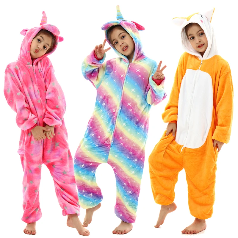 Kigurumi Kids Unicorn Fox Pajamas Winter Soft Warm Toddler Boy Jumpsuit Teen Girl Pijamas Zipper Hooded Animal Cosplay Costumes