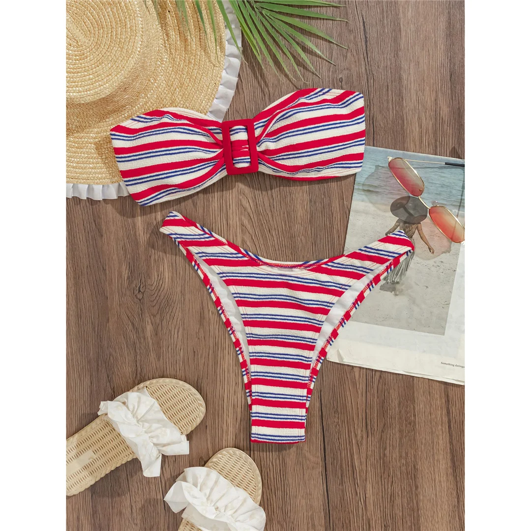 Sexy gestreifter Bandeau-Bikini, Damen-Badeanzug, zweiteiliges Bikini-Set, brasilianischer Badeanzug mit Polsterung, Badebekleidung, Schwimmanzug V7790 – Detail 5