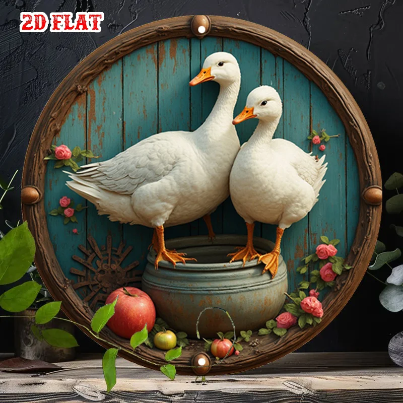 2026 2D Flat Vintage Country Duck Pair Floral Round Wooden Sign, Rustic Farmhouse Aesthetic Wall Art, Shabby Chic Wooden Plaq