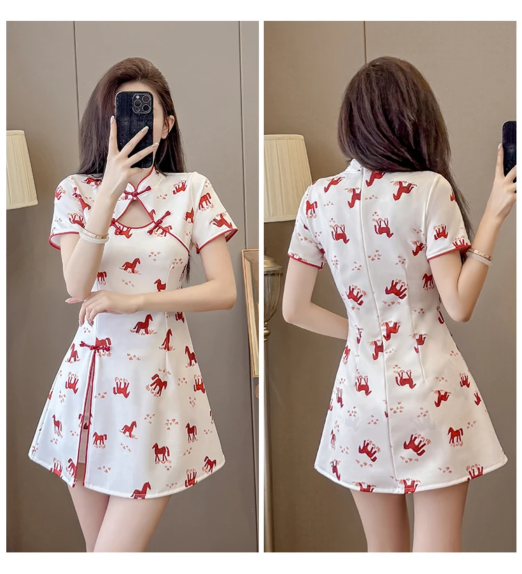 New Chinese Style Qipao Dress Set for Women 2026 New Elegant Printed Two-Piece Outfit with Horse Pattern Cheongsam Outfits
