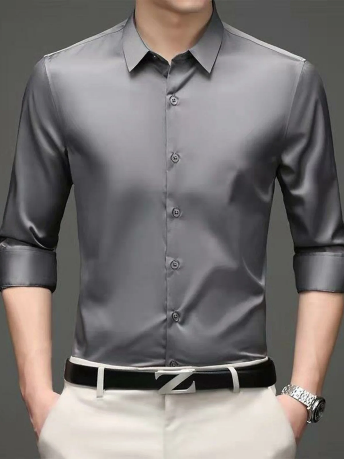 

Мужская приталенная рубашка из ледяного шелка для весны и осени, повседневная, деловая, гладкая, модная, из высококачественной ткани