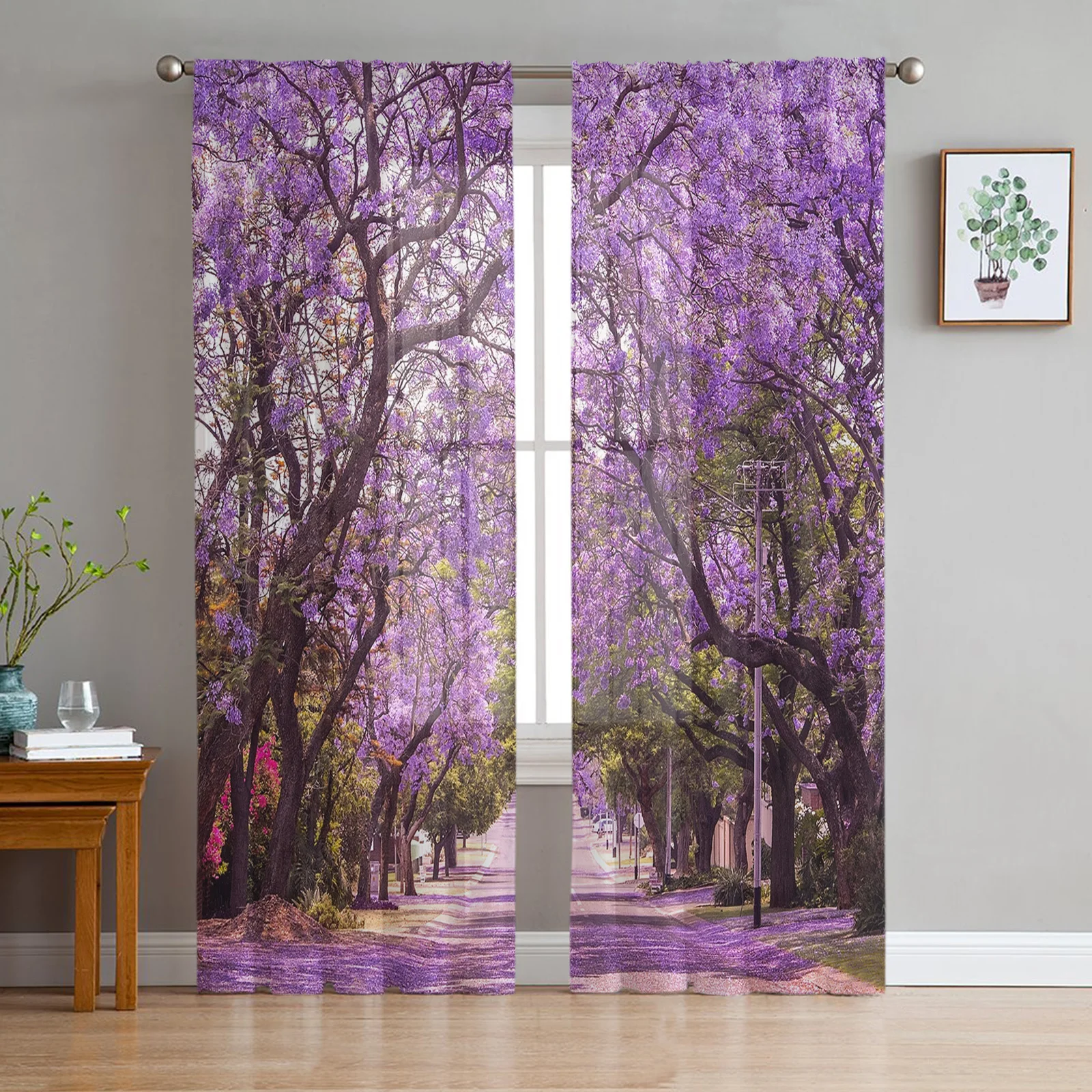 Cherry Blossoms Tree Branch Purple Flower Sheer Curtains for Living Room Decoration Window Curtains Kitchen Tulle Voile Curtains