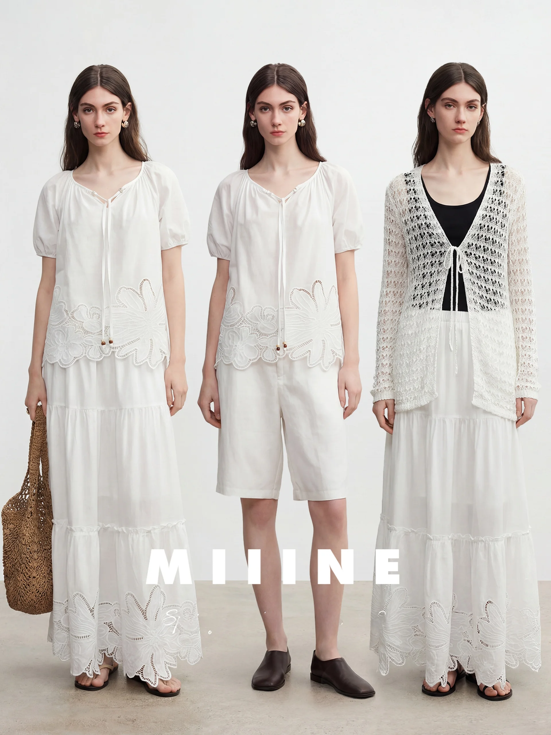 

Miiine Embroidered Hollow out round Neck Belted Top Half Skirt Two Piece Set Breathable Cotton Short Sleeve Holiday Outfit